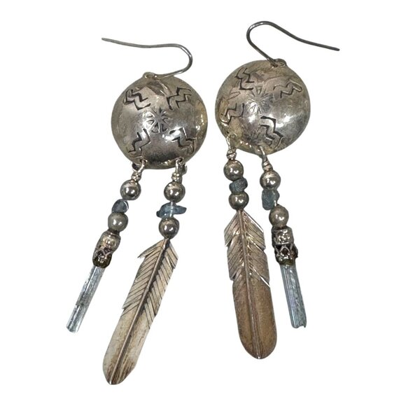 Vintage Southwest Silver Feather Dangle Earrings Engraved Design Quartz Crystal - Picture 3 of 8